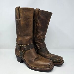 Frye Boots Harness 12R Womens Brown Leather Biker 7 M Square Toe USA 77300